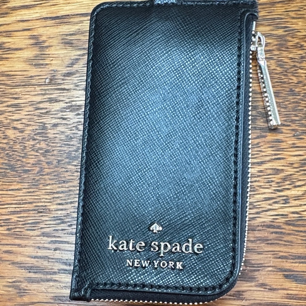 kate spade black saffiano zip-around phone wallet with gold hardware